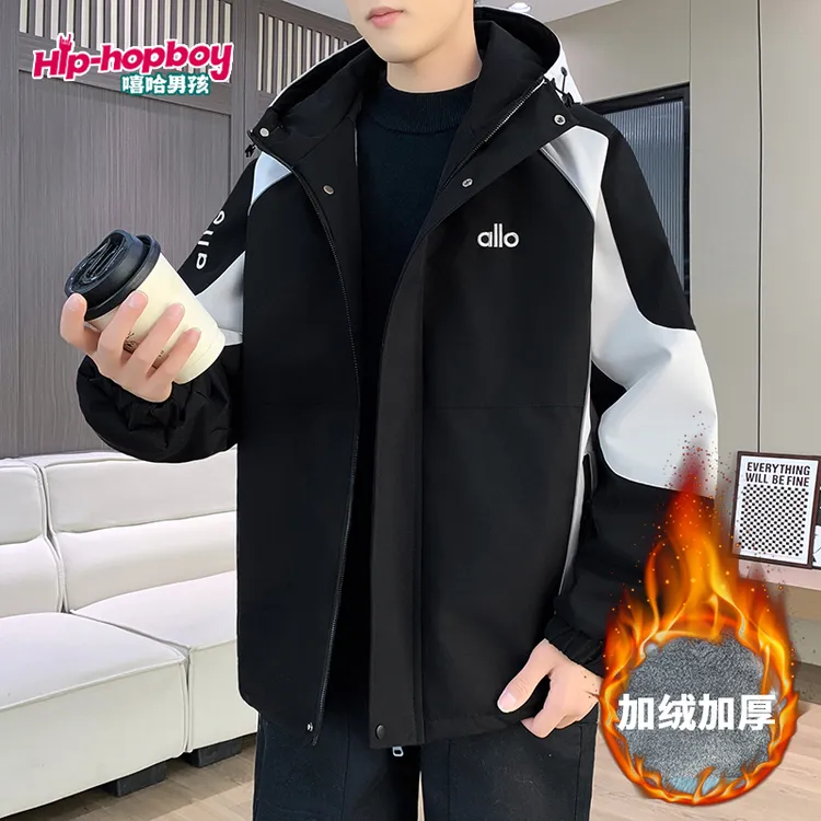 嘻哈男孩拼接冬季连帽加绒撞色保暖夹克加厚冲锋衣男装潮流棉衣男