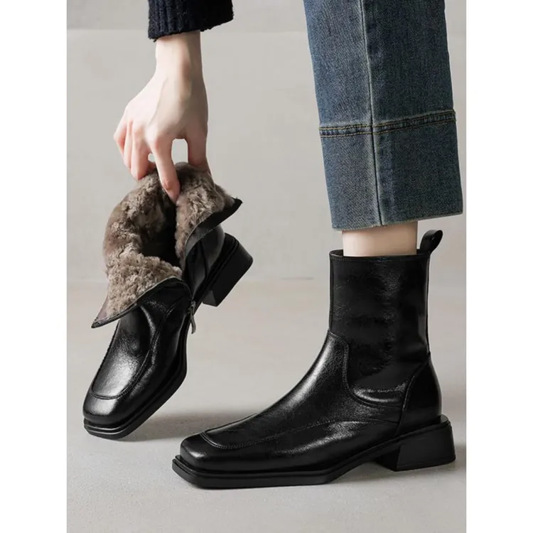 雪地靴女2025冬季方头粗跟短靴中跟百搭加厚防寒保暖瘦瘦靴