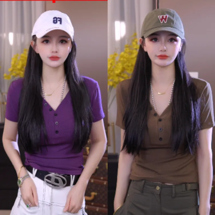 灿灿原创2025夏季气质时尚V领纽扣百搭修身显瘦短袖女+U领短袖女.