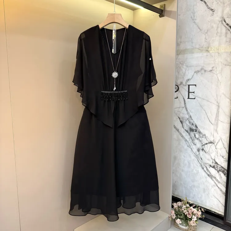 2025欧货v领钉珠高腰流苏蝙蝠袖胖mm显瘦显高雪纺裙