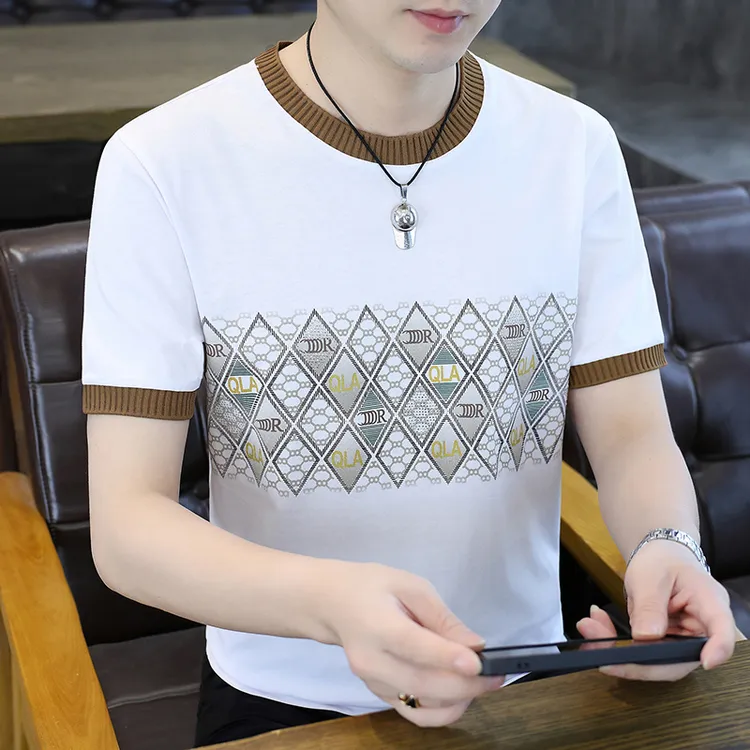 男士撞色短袖T恤夏季棉质新款圆领半袖打底衫潮牌潮流印花上衣服t