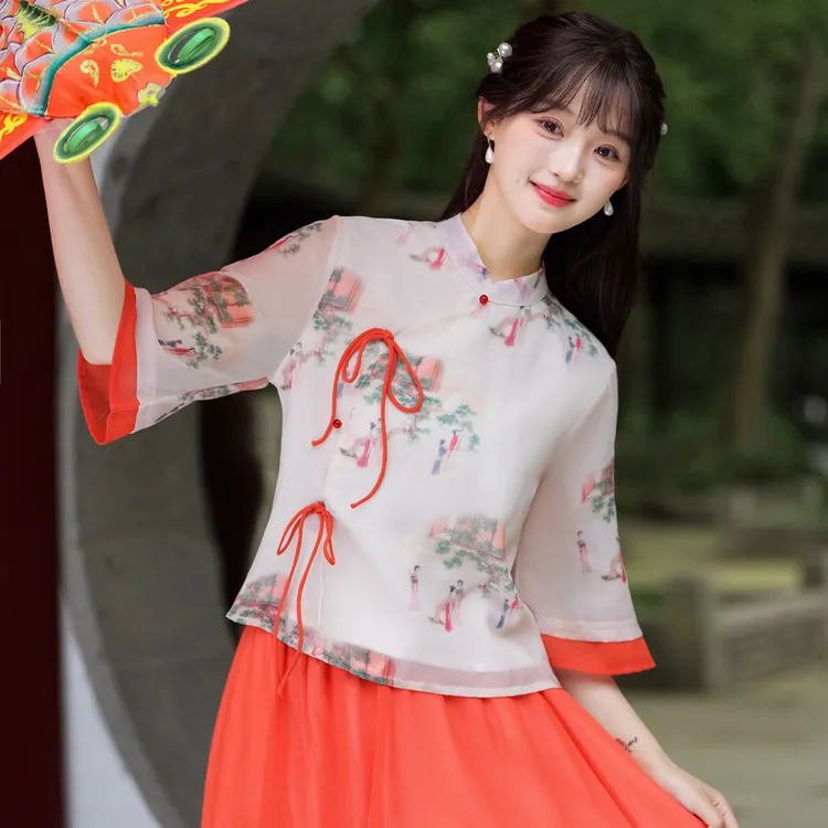 原创新中式国风七分喇叭袖女衬衫系带文艺半身裙仕女图套装