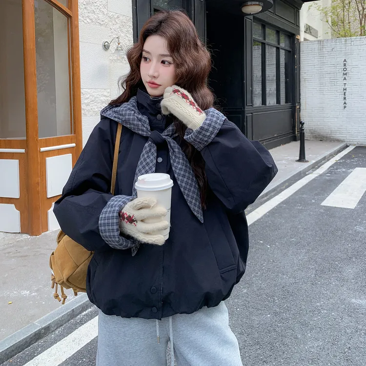 藏青色格纹拼接连帽羽绒服女冬季新款韩系学院风90白鸭绒短款外套