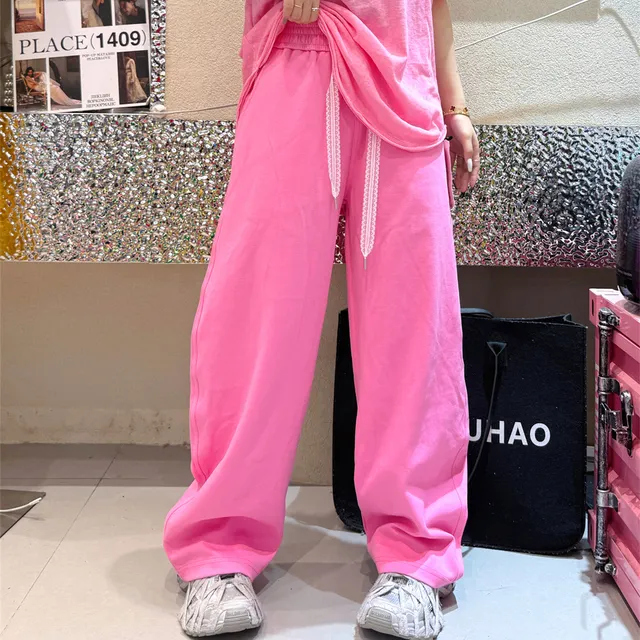 色休闲裤运动裤松紧腰直筒卫裤女新款多巴胺净版宽松抽绳阔腿裤