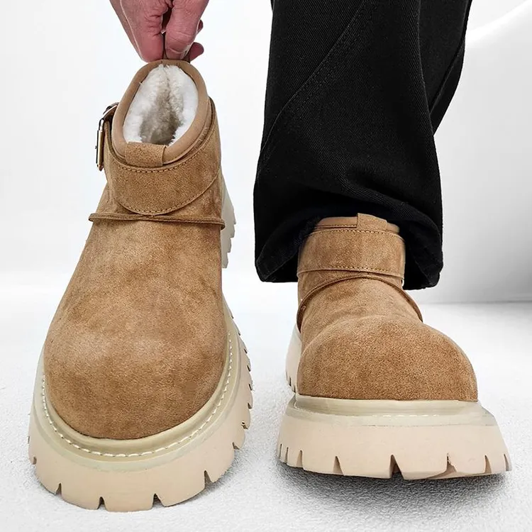 棕色米奇大头雪地靴男厚底增高德比马丁靴女冬季加绒保暖东北棉鞋