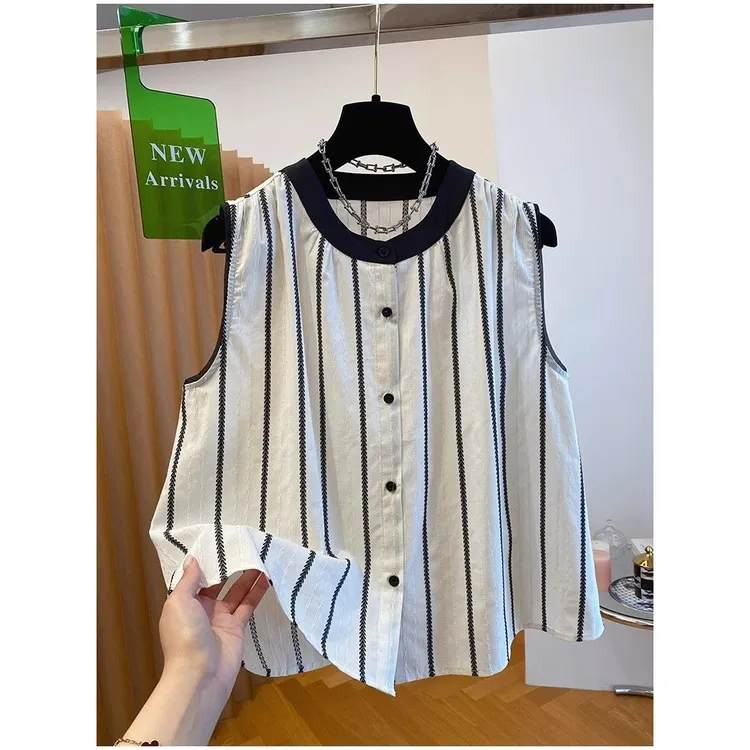 特大码300斤无袖条纹衬衫上衣女夏季宽松休闲坎肩背心设计感休闲