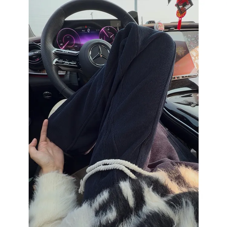 藏青色斜切加绒加厚卫裤男秋冬慵懒风垂感直筒裤美式重磅弯刀裤子