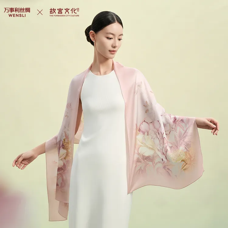 万事利×故宫文化联名款十二花神系列桑蚕丝长巾-锦绣芍华