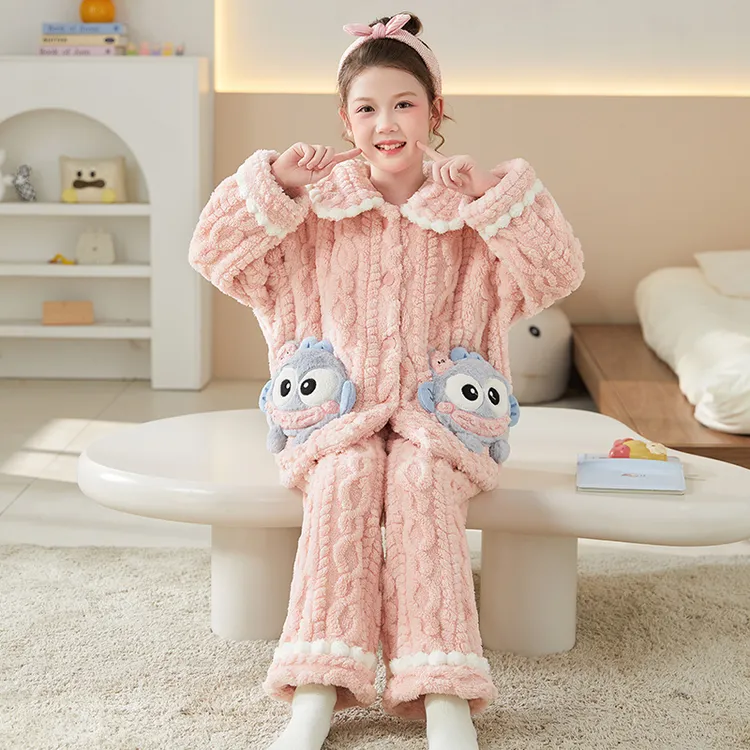 冬季儿童睡衣法兰绒女童加厚开衫套装大童珊瑚绒洋气小女孩家居服
