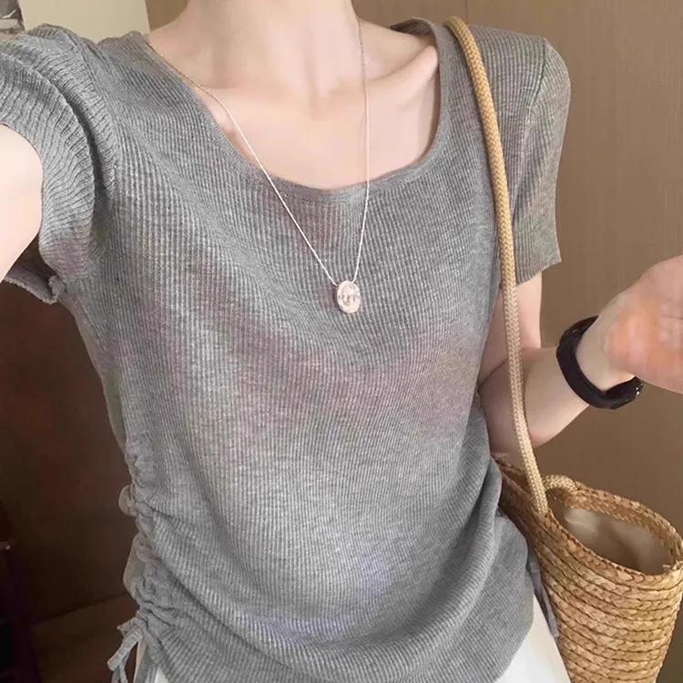 韩系方领冰丝针织短袖t恤女夏季抽绳体恤衫修身显瘦正肩绝美上衣