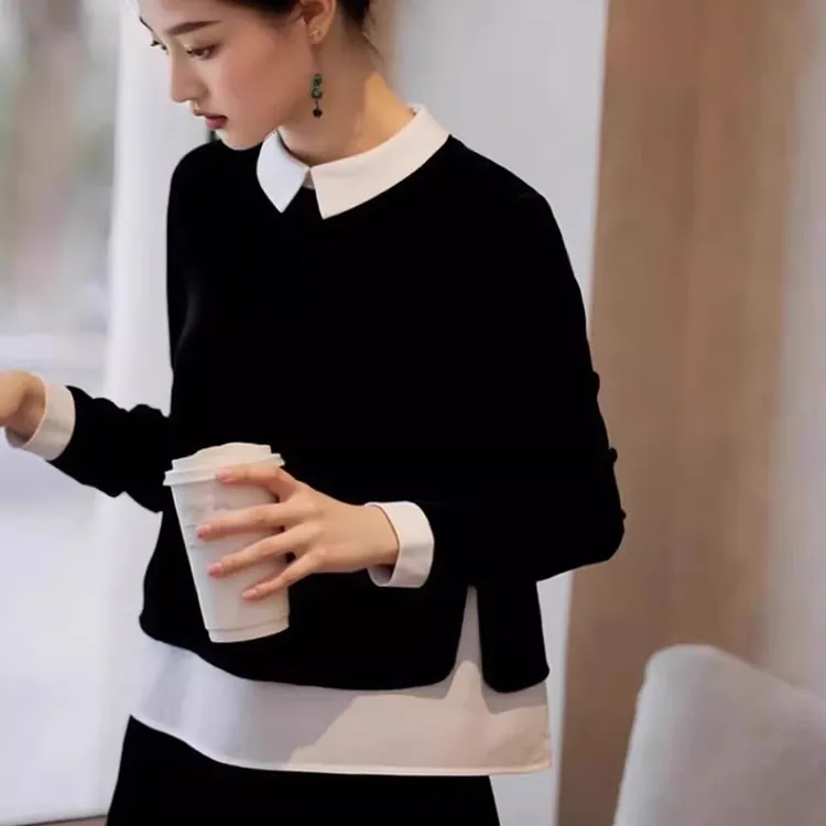 SS3572假两件黑色翻领衬衣女款2025爆款淡人高知穿搭通勤气质上衣