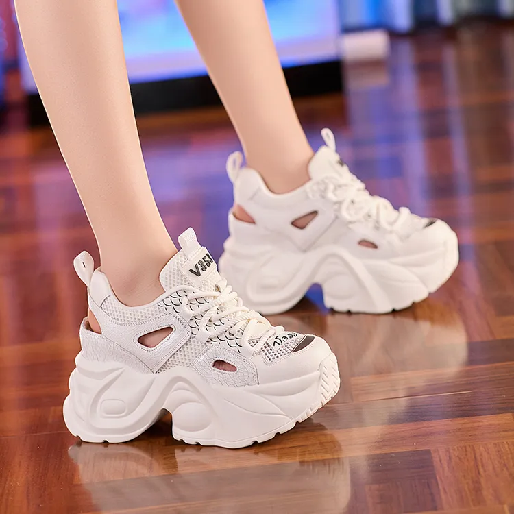 9cm松糕厚底休闲镂空网面透气小个子内增高老爹鞋女夏凉鞋单鞋ins
