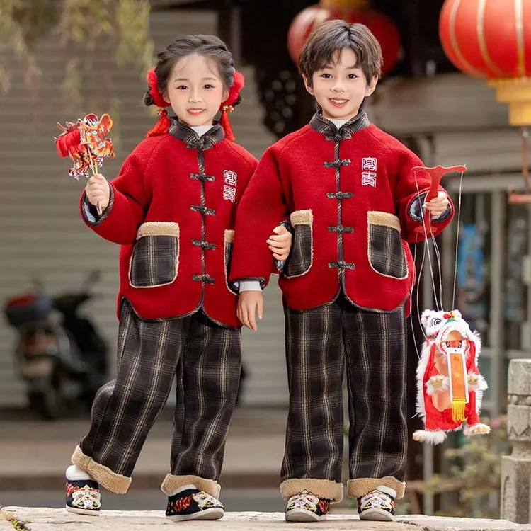 拜年服男女童国风套装冬款儿童汉服喜庆过年服民族风兄妹装演出服