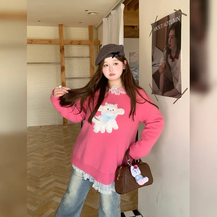 徐达布【趣简灵魂】大码秋冬宽松毛衣女玫红微胖针织衫M36950C53