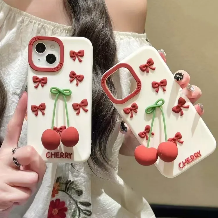 韩系ins立体红色蝴蝶结樱桃适用苹果16ProMax硅胶手机壳iPhone15
