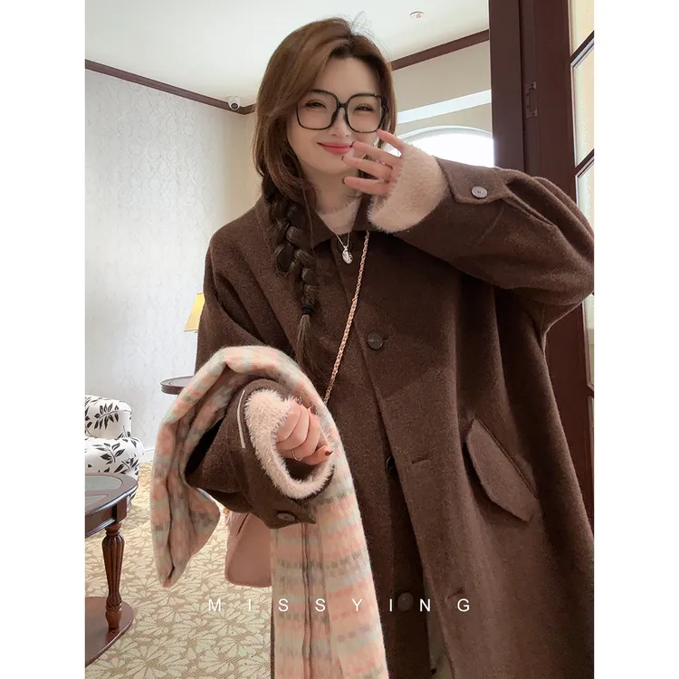 应小姐【松柏大衣】微胖大码宽松显瘦100绵羊毛慵懒翻领双面呢大衣