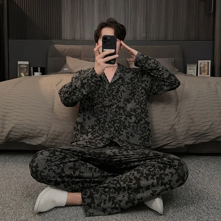 2025新款蝴蝶男士睡衣春秋款锁温棉长袖保暖秋冬天家居服开衫套装