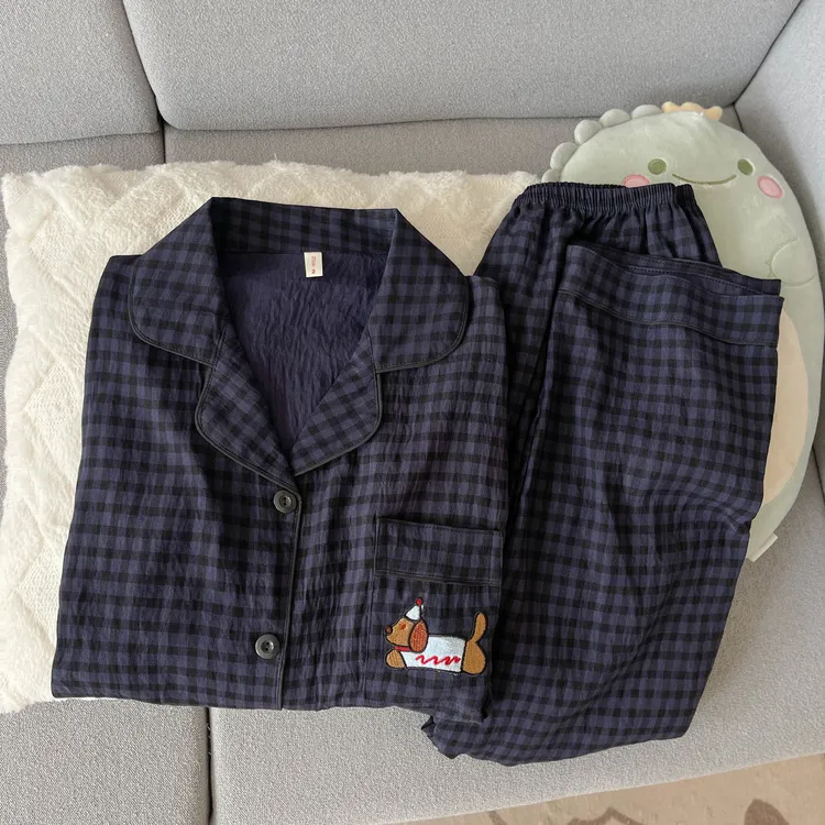 格子圣诞狗春秋季长袖长裤睡衣女云朵棉少女学生可外穿家居服套装