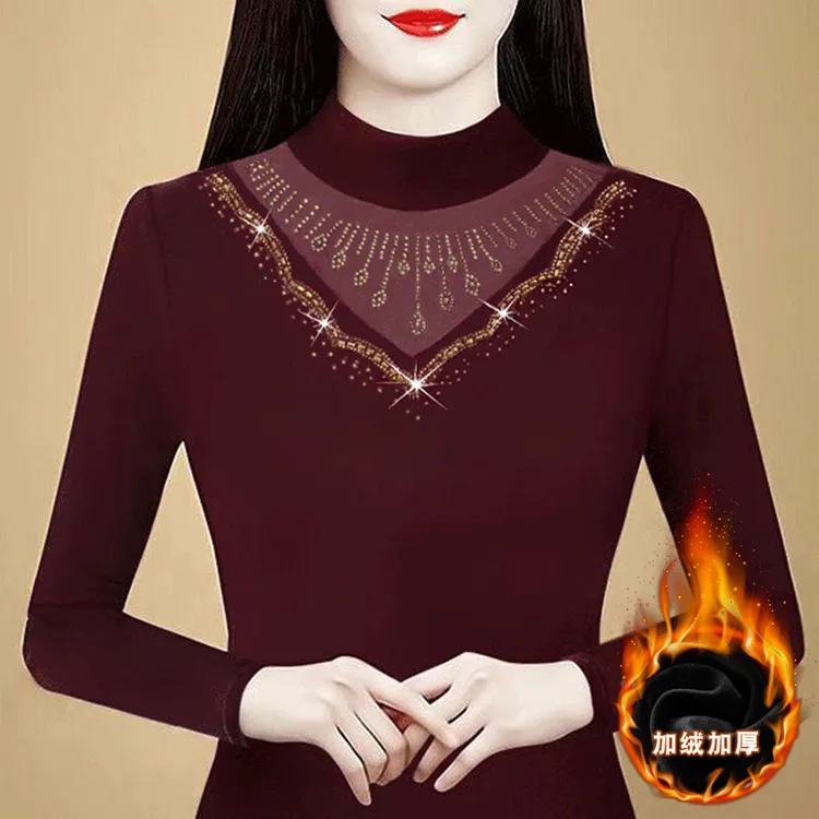 秋冬新款洋气修身显瘦半高领长袖纱网烫钻内搭保暖上衣188