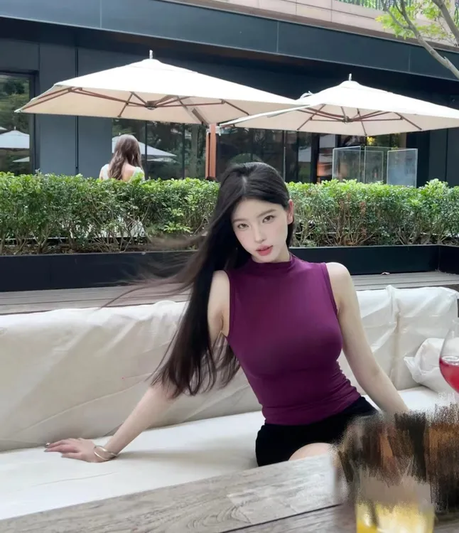 紫色半高领紧身无袖背心T恤女夏季辣妹修身显瘦打底衫气质上衣