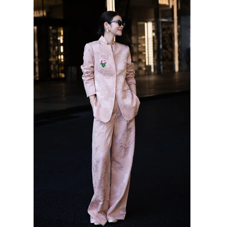 新中式国风套装重要场合钉珠修身立领西装阔腿裤气质宴会装两件套