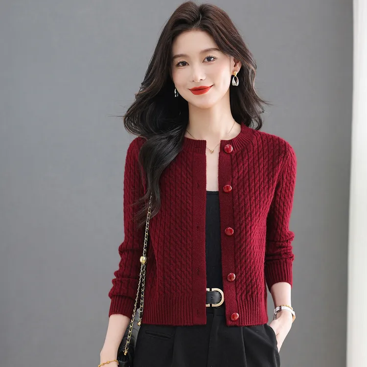 哥弟阿玛施正品秋季新款纯色圆领扭花开衫针织衫韩式时尚气质上衣