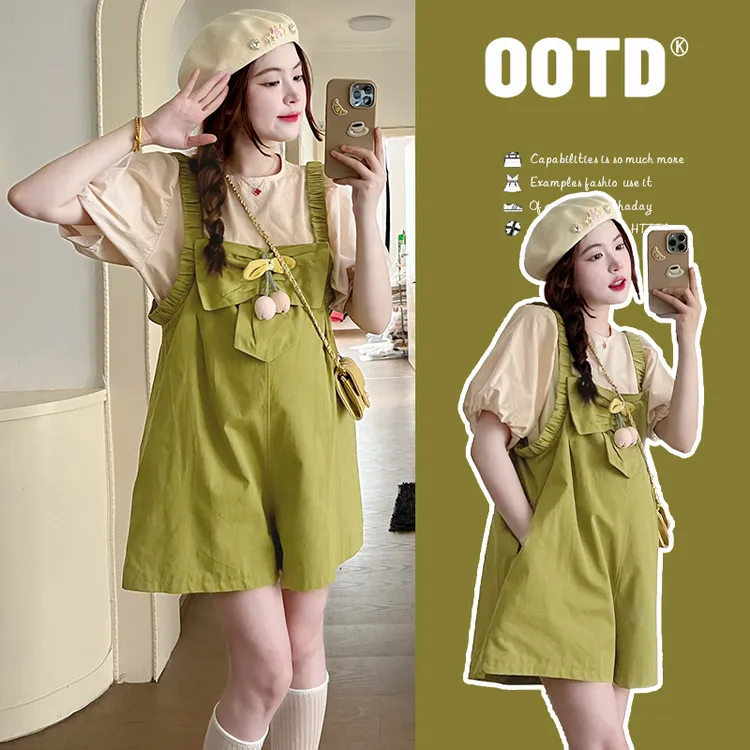 孕妇背带裤夏装新品韩版宽松可爱背带裤泡泡袖娃上衣夏季2025新款