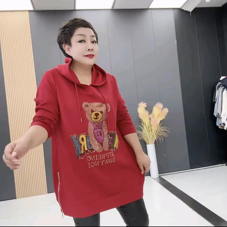 大码秋冬新款连帽卫衣彩色钻熊长袖休闲减龄卫衣裙时尚休闲089