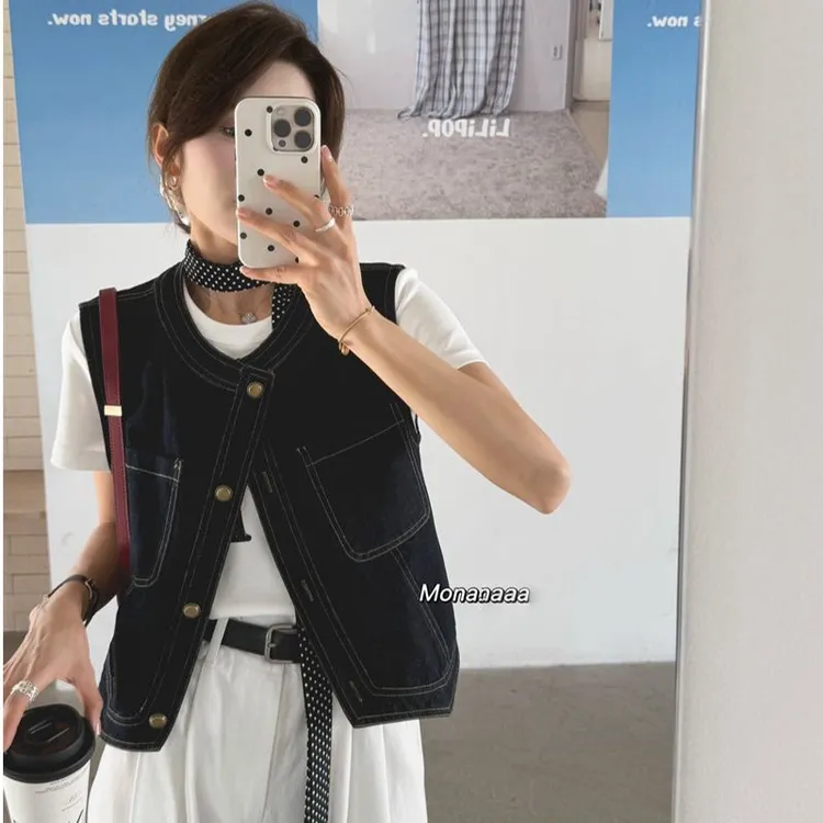 高级感深蓝色牛仔马夹外套女2025春夏季韩版休闲无袖上衣短款马甲