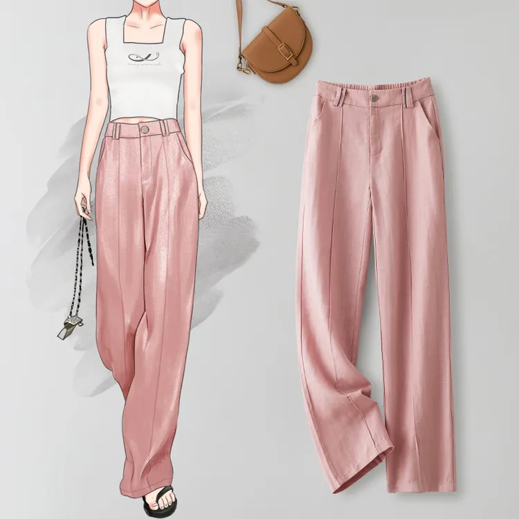 粉色天丝亚麻阔腿裤女2025新款夏季薄款裤子垂感高级感冰丝直筒裤