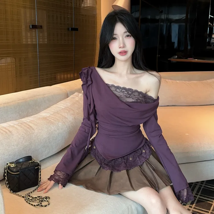 纯欲性感荡领蕾丝拼接长袖T恤设计感假两件打底衫上衣短裙套装女