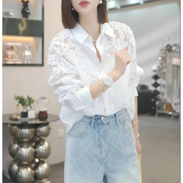 欧洲站时尚休闲气质轻奢衬衣女2025年春季新款设计感纯色翻领上衣