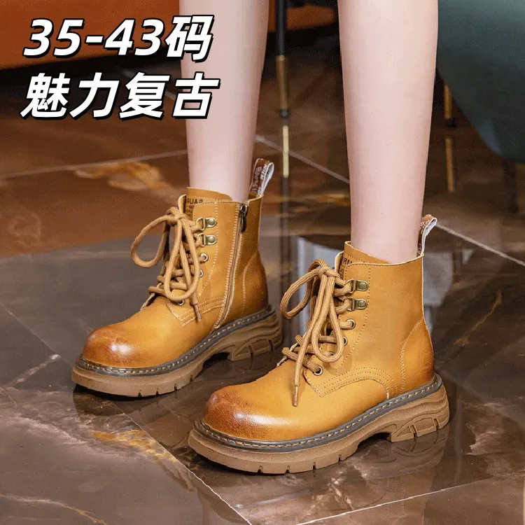2025春秋单靴棉布里魅力复古马丁靴女系带侧拉链大码短靴41-42-43