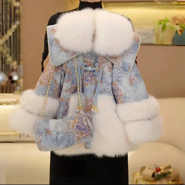 女童洋气2025冬款国风大毛领派克服加绒加厚保暖年服气质外套冬装