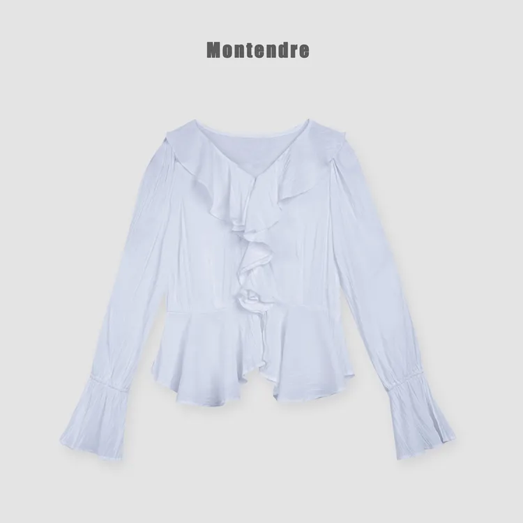 【MonTendre】秋冬新款 A 优雅简约纯色女装上衣木耳边显瘦套头衬衫