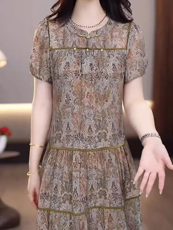 F323 高级轻羽丝气质洋气优雅碎花礼服裙2025夏季新款中年妈妈