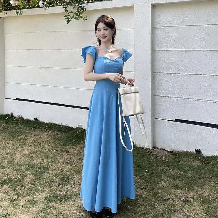 KaDaiShan【退运补贴】飞飞袖温柔蓝色连衣裙女千金清冷感度假长裙