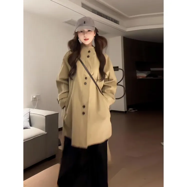【麦浪定律】英伦风卡其色风衣外套女秋季小个子中长款覆古大衣潮