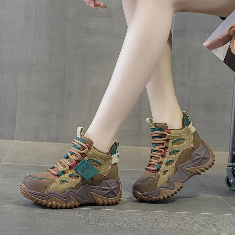 万达撤柜头层牛皮高帮内增高老爹鞋厚底休闲2025秋季新款运动鞋女