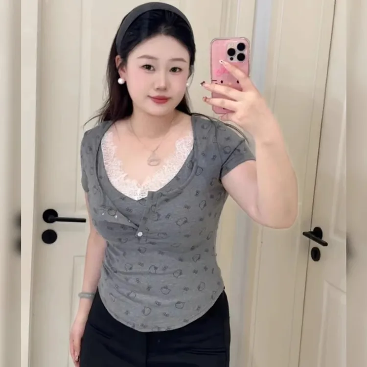 适合胖mm大码女装印花蕾丝拼接短袖T恤女夏季收腰独特超好看上衣