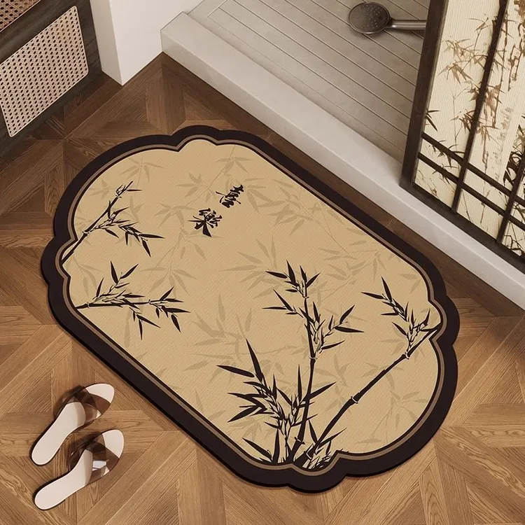 新中式浴室软硅藻泥防滑地垫竹子厕所门口吸水速干垫卫生间门垫子