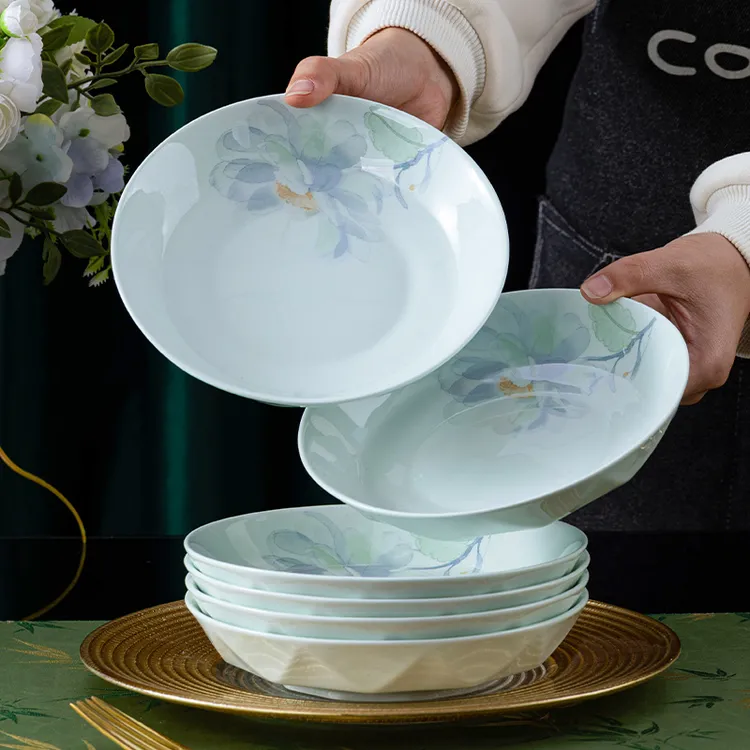 句途影青西江月6只7英寸盘子家用炒菜盘饭盘深盘陶瓷圆盘子一整套