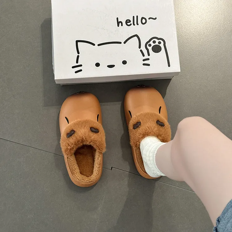 时尚百搭复古风卡通可爱卡皮巴拉毛毛拖鞋女2025秋冬新款包头拖鞋