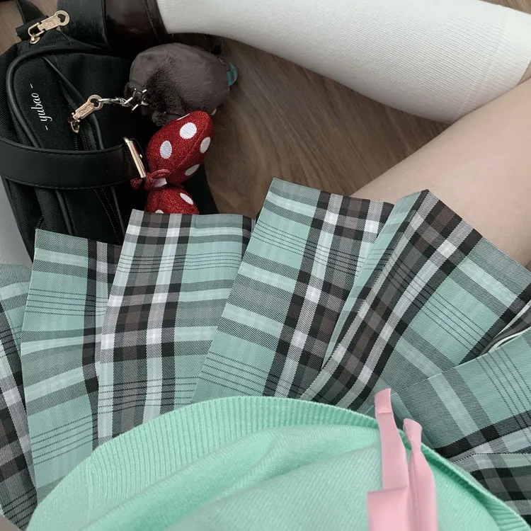 香草圆子【聆雨】原创JK制服格裙薄荷色百褶裙学院风校供学生短裙女