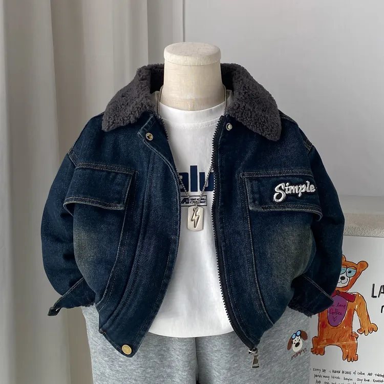 男童牛仔外套加绒加厚冬季儿童羊羔毛棉衣帅气时髦男孩冬装夹克潮