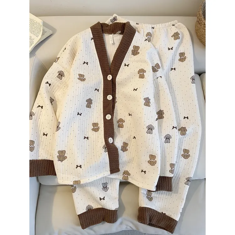 甜美卡通小狗波点空气棉睡衣女秋冬新款保暖休闲家居服套装可外穿