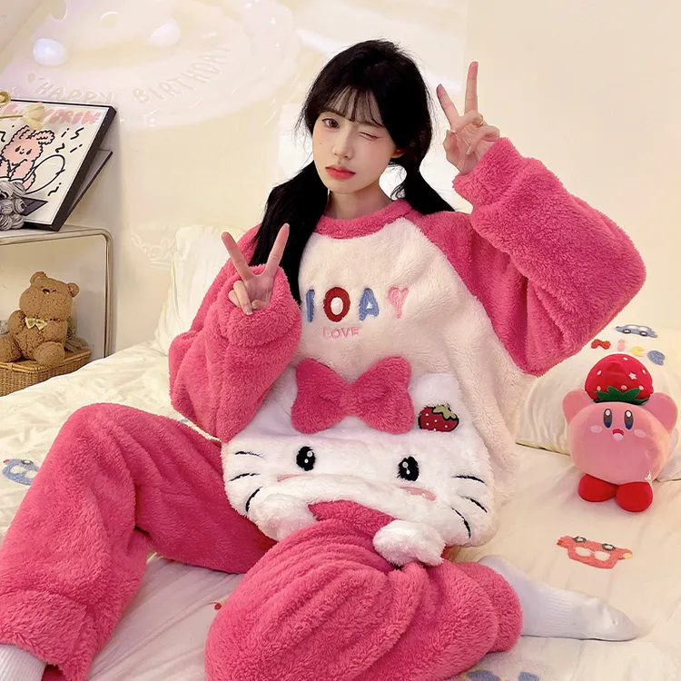 珊瑚绒睡衣女冬季加厚加绒长毛绒卡通凯蒂猫两件套新款保暖家居服