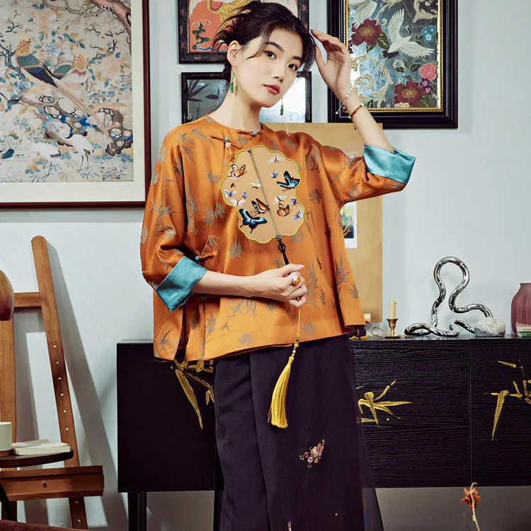 陌遇中国风复古改良七分袖圆领盘扣茶服中式唐装上衣M246666