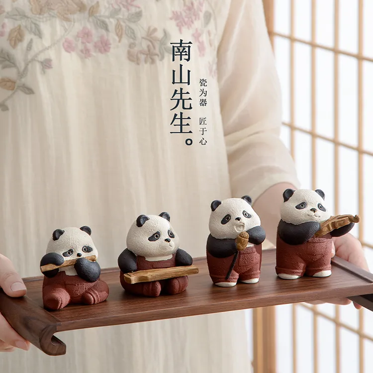 南山先生熊猫紫砂茶宠茶玩摆件可爱高档手工摆件茶道零配功夫茶具