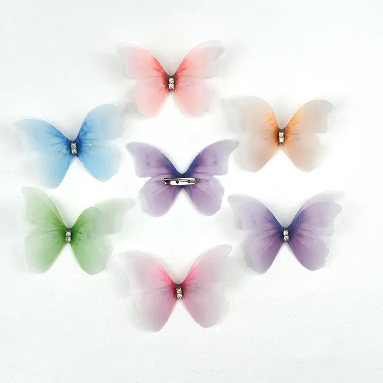 约6/8厘米别针窗帘蝴蝶双层带钻双层立体薄纱发饰古风蝴蝶材料diy